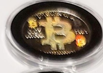 Design D — binary and BTC symbols · Nickel-plated brass